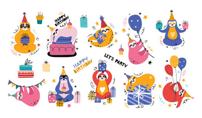 Cute kawaii sloth at a party. Big set of cartoon bears with gifts, balloons, cake and other festive items and elements. Handwritten holiday inscription. Scandinavian flat vector illustration.