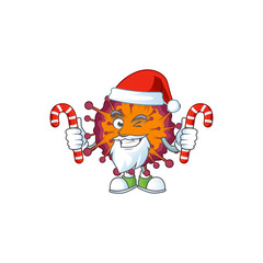 Friendly COVID19 syndrome in Santa Cartoon character with candies