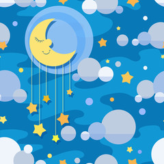 Cartoon background. Night sky. Sleeping month, stars and clouds. Vector seamless pattern on blue. Design for baby textiles. Seasonal themed background.