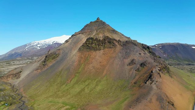 Aerial view of Mount Stapafell, Arnarstapi village, Iceland.
