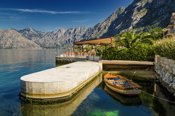 Naklejka premium Sunny morning view of Kotor bay near village Dobrota, Montenegro.