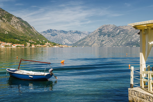 Sunny morning view of Kotor bay near village Dobrota, Montenegro.