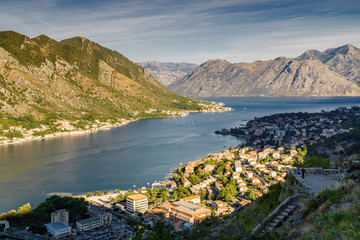 Obraz premium Sunny morning panoramic view of Kotor bay from ruins of Kotor's castle of San Giovanni, Montenegro.