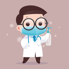 The doctor wears a medical mask and carries alcohol gel for washing hands. Vector flat character illustration design.