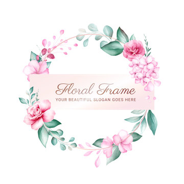 Circle watercolor floral frame for logo or wedding card composition with rose gold rectangle. Premade flowers illustration vector