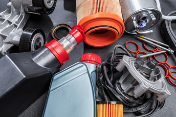 parts for scheduled car maintenance.Oil , air , fuel filter, Water pumps motor, belt car engine  ...