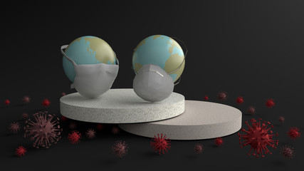 Corona Virus 2020. Hygienic mask to protect the world on Round pedestal and infections prevention Coronavirus Covid-19, Isolated on black background, 3D rendering. concept virus Covid-19 protection.
