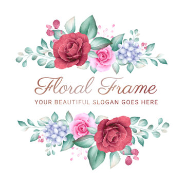 Watercolor floral badge for logo or wedding card composition. Premade flowers illustration vector