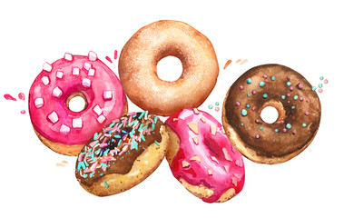 donut fly fall flying sweet pastry shop chocolate sprinkled marshmallow watercolor isolated white background