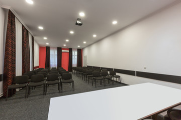 Interior of a conference room in hotel ready for a meeting