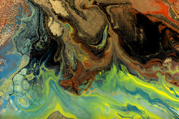 Marbled blue, black and green abstract background. Liquid marble pattern.