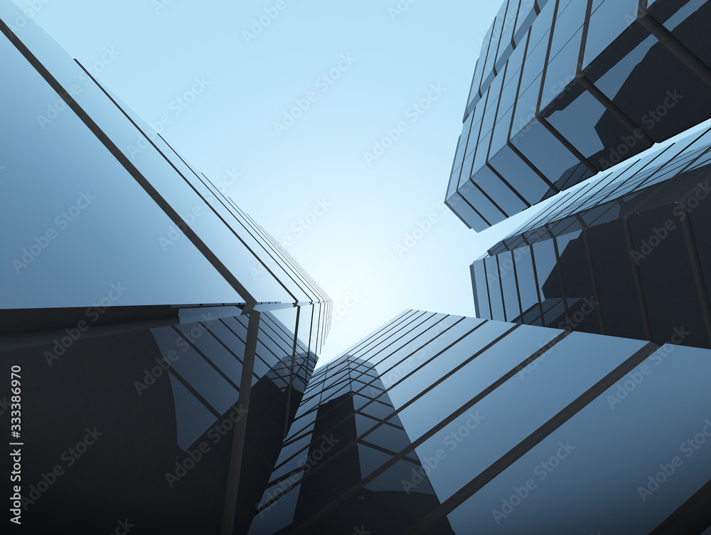 Poster view of glass building on blue sky background,business concept of future architecture,looking up to 