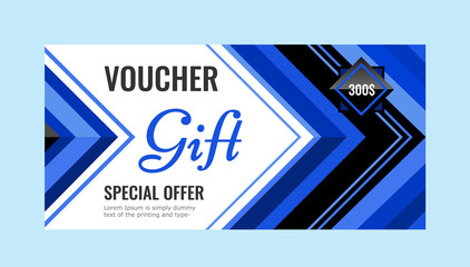Horizontal gift voucher blue lines on white background. Bright abstract design with arrows. Universal template for your projects with space for text. Vector illustration.