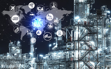 Industry 4.0 concept of Oil refinery with global energy network icon, Industrial petrochemical plant at night, Thailand