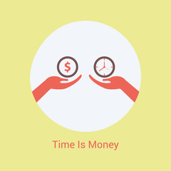 Clock and money on hand scales. Annual revenue, financial investment, savings, bank deposit, future income, money benefit. Time is money concept