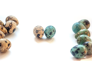 Minimalistic  easter concept. Natural dyed easter quail eggs blue and beige colour. In groops by colour on white  background. Trendy easter. 