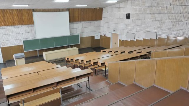 Large Lecture Hall, Auditorium With Empty Desks Panning 