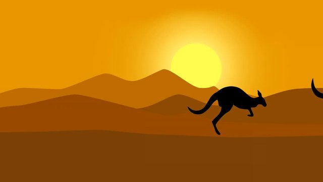 Silhouettes of the kangaroo jumping in the savanna, animation with kangaroos