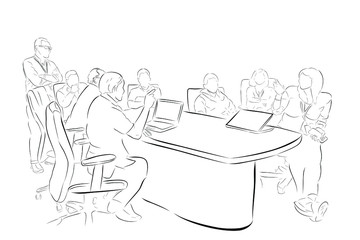 Simple Conceptual Vector, Hand Draw Sketch, 8 People in The Meeting Situation