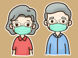 old man and old woman cute cartoon wearing protective mask.