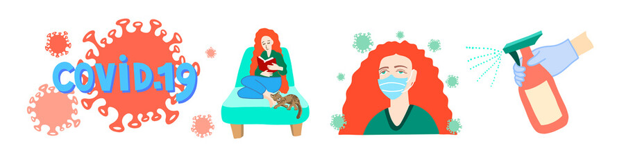 set of covid 19 hand drawing symbols, coronavirus quarantine object and women with red hair in flat style
