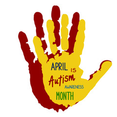 Hand of parent and child. Hand prints. World Autism Awareness Day. Poster with colored words. Simple vector illustration.