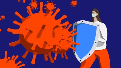 3d illustration COVID-19 coronaviru. Metaphor, a woman with a shield and a mask is protected from particles of the virus.