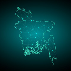 Map of Bangladesh from Polygonal wire frame low poly mesh, contours network line, luminous space stars, design sphere, dot and structure. Vector Illustration EPS10. - Vector