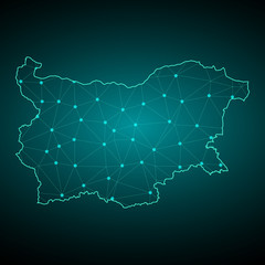 Obraz premium Map of Bulgaria from Polygonal wire frame low poly mesh, contours network line, luminous space stars, design sphere, dot and structure. Vector Illustration EPS10. - Vector