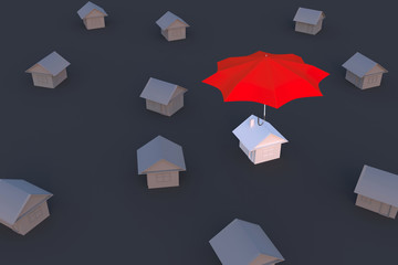 3D image of a private house with an umbrella on top, which protects the house from troubles and darkness. Property insurance.