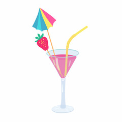 A cocktail decorated with a strawberry and a colorful umbrella. Vector hand drawn illustration isolated on white background.