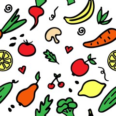 A hand-drawn set of fruits and vegetables. Doodle collection of food. Seamless pattern.