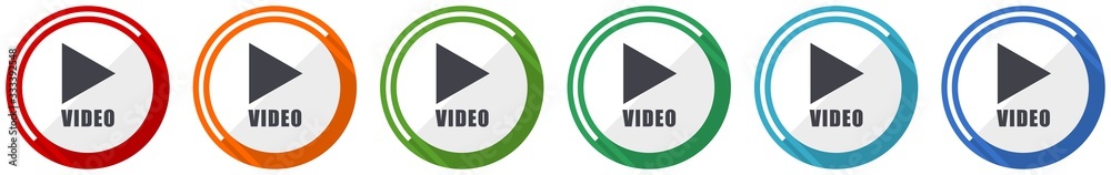 Poster video icon set, flat design vector illustration in 6 colors options for webdesign and mobile applica