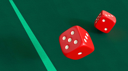 red dice fly over the green cloth of the playing table