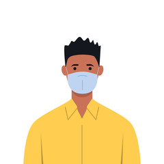 Young man wearing a medical mask to prevent illness, flu, air pollution, air pollution, world pollution. Vector illustration in a flat style.