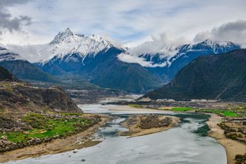 Nyingchi (Linzhi) landscape with peach blossoms in Tibet China. 