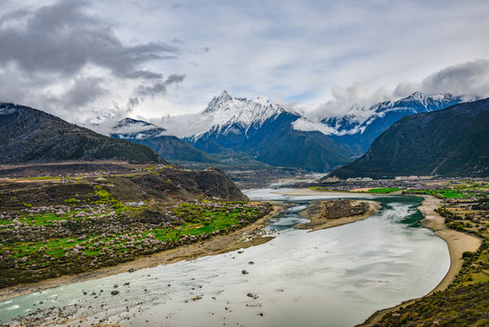 Nyingchi (Linzhi) landscape with peach blossoms in Tibet China. 