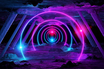 Abstract background with blue and pink neon light circles reflecting on asteroid spaceship 3D rendering © sdecoret