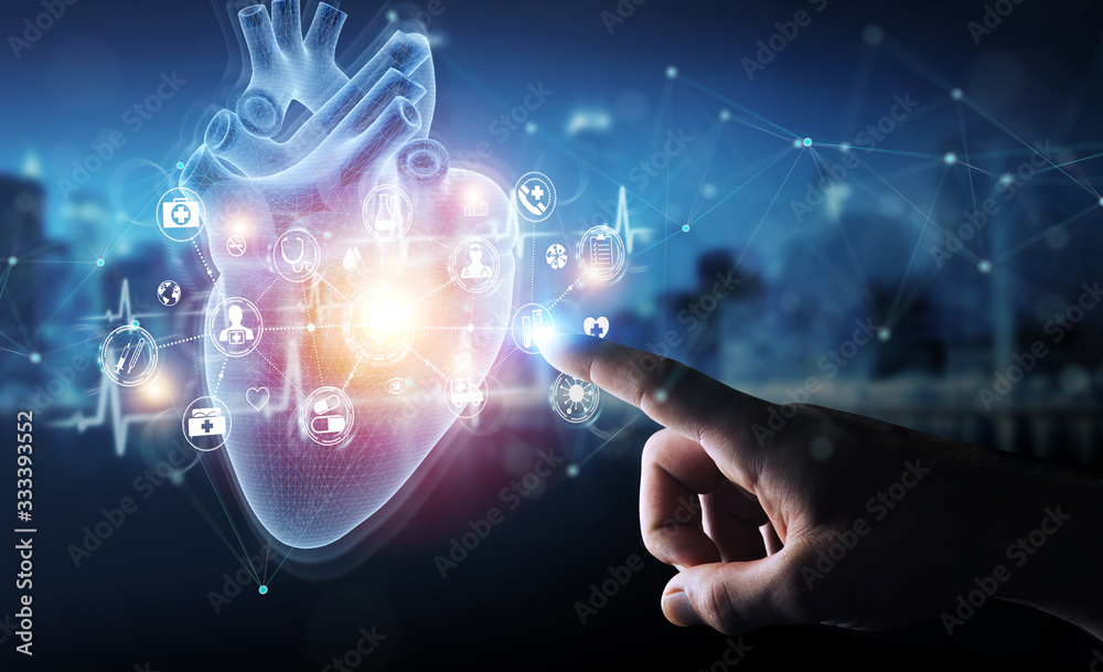 Poster man hand using digital x-ray of human heart holographic scan projection 3d rendering