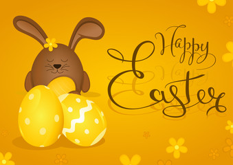 Happy Easter Greeting Card with Brown Bunny on Yellow Background with Calligraphic Lettering and Easter Eggs, Vector Illustration