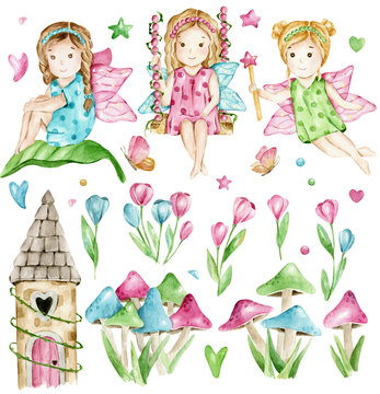 Hand drawn watercolor Fairy girl, forest castle and magic mushrooms and flowers. Pink, blue, green colors, cartoon character