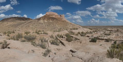 Desert landscape. Ayaz-Kala fortress (the most popular and picturesque fortress in the country). Nukus, Karakalpakstan, Uzbekistan, Kyzylkum Desert, Central Asia.