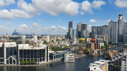 Docklands City of London England. Panoramic skyline view of Canary Wharf, central London's leading...