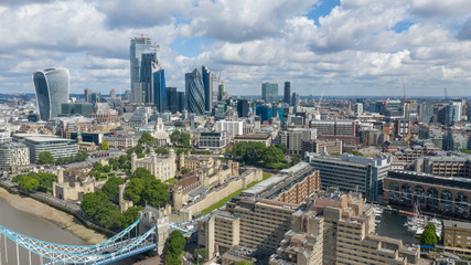 Greater London skyline overlooking Tower of London, bridge and other iconic buldings
