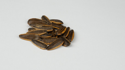 Sunflower seeds on a white background, leave space for text.