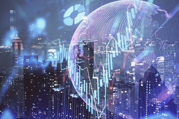 Double exposure of forex chart drawings over cityscape background. Concept of success.
