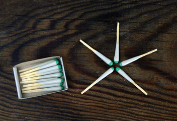  box and matches laid out on the table