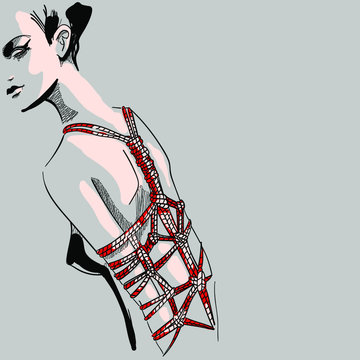 Female hands tied with clothesline. Shibari illustration.