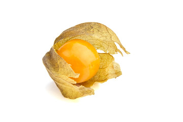 Goldenberry, Physalis peruviana ripe fruit, single smooth berry with dry leaves isolated on a white background