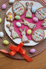 Homemade Easter cookies in shape of bunny and Easter eggs on a plate on wooden table. Springtime background